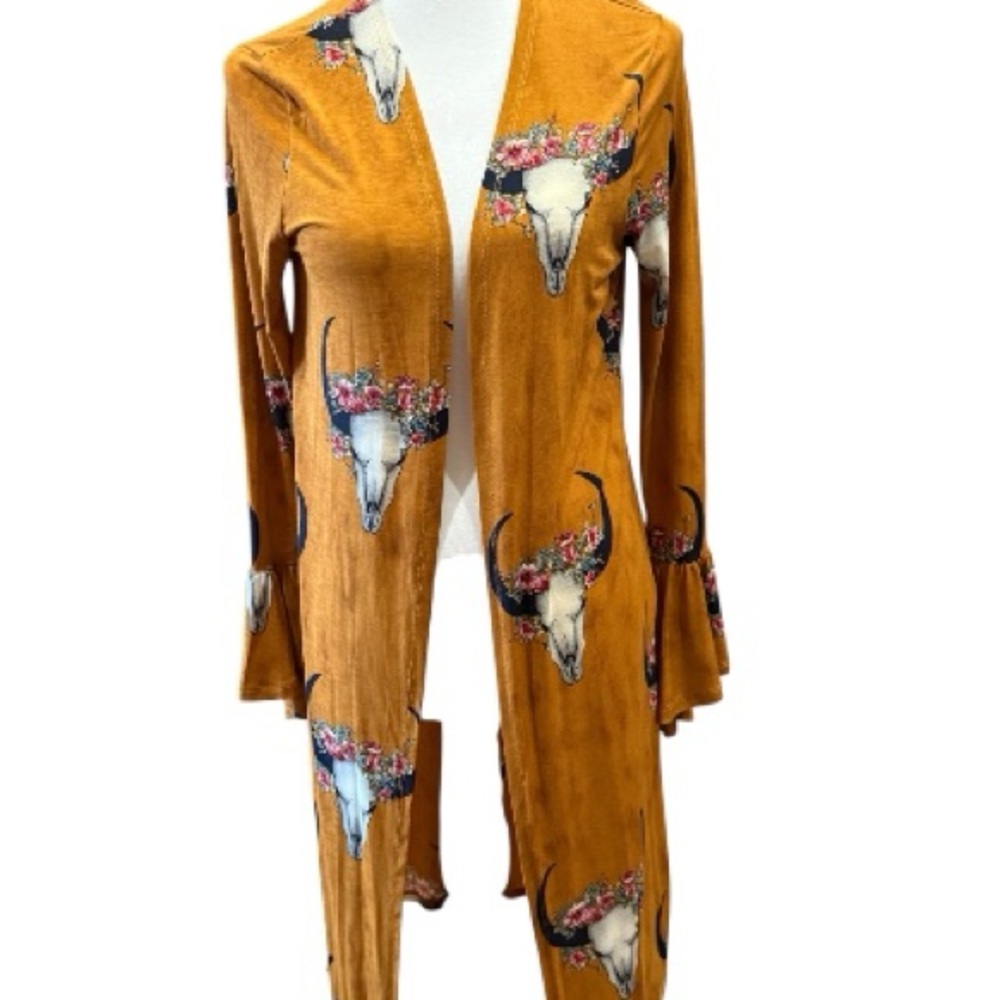 Moa Moa Women’s Lightweight Long Western Mustard Duster-with Bull Heads S - Picture 4 of 12